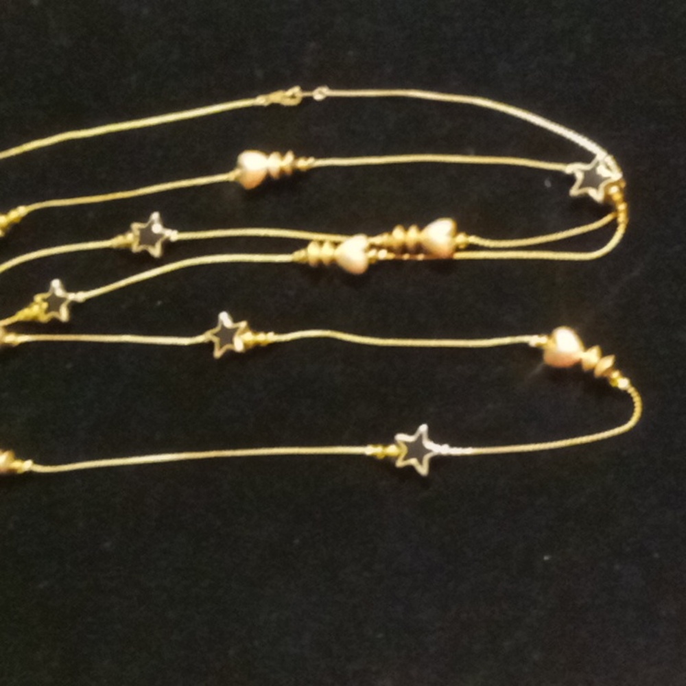 Gold hearts and navy blue stars amber glass beaded long necklace 42 inches long